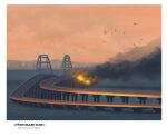  absurdres after_bombing afternoon aircraft airplane bridge crimea_bridge explosionn fighter_jet fire highres military military_vehicle no_humans original russo-ukrainian_war sun20021109 war 