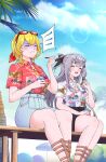  absurdres black_shorts blue_shorts blush brain_freeze cloud commentary cone_hair_bun eating eyewear_on_head food gladiator_sandals grey_eyes grey_hair hair_bun hair_ornament hairband highres hololive hololive_indonesia ice_cream ichiyaichimaru kaela_kovalskia laughing print_shirt red-tinted_eyewear red_eyes red_hairband sandals shirt short_hair shorts sitting summer tinted_eyewear untranslatable_commentary vestia_zeta virtual_youtuber 