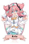  1girl :d aria_(human)_(zenless_zone_zero) aria_(zenless_zone_zero) blue_eyes breasts chinese_commentary commentary_request double_v dress fingerless_gloves gloves highres looking_at_viewer mo_xiaolan open_mouth pink_gloves pink_hair short_sleeves smile solo v v_over_eye white_dress zenless_zone_zero 