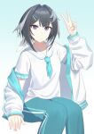  1girl absurdres arknights arm_up black_hair blue_neckerchief blue_pants chinese_commentary closed_mouth commentary english_commentary hair_ornament hairclip highres invisible_chair jacket la_pluma_(arknights) long_sleeves looking_at_viewer mixed-language_commentary neckerchief off_shoulder pants purple_eyes quietmrcat sailor_collar shirt short_hair short_sleeves sitting solo v white_jacket white_sailor_collar white_shirt 