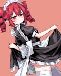  1girl absurdres apron ass_peek black_dress blush clothes_lift commentary double-parted_bangs dress dress_lift drill_hair facing_away hair_between_eyes highres kasane_teto looking_at_viewer looking_back maid maid_apron maid_headdress no_nose pink_background puffy_short_sleeves puffy_sleeves red_eyes red_hair short_sleeves sidelocks simple_background skindentation solo thighhighs twin_drills untranslatable_commentary utau white_thighhighs yain 