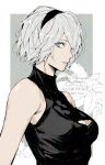  1girl 2b_(nier:automata) black_hairband black_sweater blue_eyes border breasts cleavage_cutout closed_mouth clothing_cutout commentary dress grey_background hairband highres light_smile looking_at_viewer medium_breasts mole mole_under_mouth nier:automata nier_(series) nishiii26miii outside_border short_hair sleeveless sleeveless_turtleneck solo sweater turtleneck turtleneck_dress untranslatable_commentary upper_body watermark white_border 