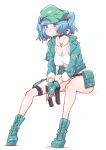  1girl ammunition ammunition_belt armband bad_id bad_pixiv_id belt belt_pouch black_choker blue_boots blue_eyes blue_hair blue_jacket blunt_bangs blush blush_stickers boots breasts choker cleavage covered_nipples fingerless_gloves full_body gloves green_hat gun hair_bobbles hair_ornament handgun hat highres holding holding_gun holding_weapon jacket jewelry kawashiro_nitori key key_necklace looking_ahead necklace no_pants non_(z-art) panties pouch short_hair short_twintails sitting solo tank_top touhou twintails underwear weapon white_background white_panties white_tank_top 