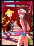 1boy 1girl 1other :d backwards_hat bag baseball_cap black_vest blue_eyes blue_jacket blush brown_hair closed_eyes commentary_request cutoffs denim denim_shorts floating fushimi_inari_taisha hand_in_pocket hat high_ponytail highres hilbert_(pokemon) hilda_(pokemon) jacket jirachi kasatateya looking_at_viewer looking_back open_clothes open_vest photo_background pink_bag poke_ball_print pokemon pokemon_(creature) pokemon_black_and_white ponytail profile shorts smile star_(sky) vest wristband 
