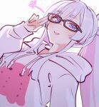  1girl adjusting_eyewear backlighting bespectacled black-framed_eyewear blue_eyes blush casual cho_kaguya-hime! commentary english_commentary glasses hair_rings highres hood hoodie long_sleeves looking_at_viewer multicolored_eyes purple_eyes runami_yachiyo sher_(imnotsher) smile solo star_(symbol) twintails white_hair white_hoodie 