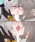  2girls absurdres arnkun black_gloves black_hairband black_ribbon closed_eyes crying english_commentary eyelashes firefly_(honkai:_star_rail) french_kiss from_side gloves grey_hair hair_between_eyes hair_ornament hair_ribbon hairband hand_on_another's_face hand_on_another's_neck hand_up highres honkai:_star_rail honkai_(series) kiss leaf_hair_ornament lips long_hair looking_at_another multiple_girls multiple_views open_mouth ribbon shirt sidelocks simple_background stelle_(honkai:_star_rail) tongue tongue_out trailblazer_(honkai:_star_rail) turtleneck turtleneck_shirt white_background white_shirt yellow_eyes yuri 