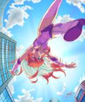  \o/ arms_up bad_id bad_pixiv_id birdy_cephon_altirra blue_eyes boots breasts building choker cleavage cloud day elbow_gloves from_below gloves hebina_masayoshi long_hair medium_breasts multicolored_hair one_eye_closed outstretched_arms perspective red_hair signature sky smile solo tetsuwan_birdy tetsuwan_birdy_decode thigh_boots thighhighs tight two-tone_hair white_hair 