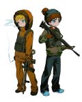  absurdres animification assault_rifle beanie black_shoes blonde_hair blue_eyes blue_pants brown_fur brown_jacket bulletproof_vest chun_baii cigarette converse full_body fur-trimmed_hood fur_trim gloves gun hat highres holding holding_gun holding_weapon hood hood_up hooded_jacket jacket jitome kenny_mccormick long_sleeves nervous_sweating orange_gloves orange_jacket orange_pants pants red_gloves rifle shoes simple_background smoke smoking south_park stan_marsh standing sweat weapon white_background zipper 