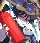  1boy armor artist_name bishie_sparkle black_bodysuit black_bridal_gauntlets black_hair blue_cape blue_eyes blue_gem blunt_ends bodysuit bridal_gauntlets bright_pupils cape choppy_bangs english_text eva_dudu eyeliner fire_extinguisher gem genshin_impact gold gold_ring half-closed_eyes hands_up hat hat_tip holding holding_fire_extinguisher japanese_armor japanese_clothes jingasa juban kimono kote kurokote looking_at_viewer makeup male_focus mandarin_collar middle_ring parted_lips print_kimono purple_hat purple_rope raised_eyebrows red_eyeliner rope scaramouche_(genshin_impact) shoulder_peek side_cape smirk solo speech_bubble tilted_headwear wanderer_(genshin_impact) white_kimono white_mouth white_pupils white_trim yellow_background 