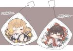  2girls apron back_bow black_skirt black_vest blonde_hair bow braid brown_hair chibi chibi_only closed_eyes closed_mouth commentary_request detached_sleeves frilled_bow frilled_hair_tubes frills hair_bow hair_tubes hakurei_reimu highres kirisame_marisa long_hair missing_headwear multiple_girls red_bow red_skirt ribbon-trimmed_sleeves ribbon_trim side_braid single_braid skirt skirt_set sleeping touhou translation_request uzuki_(amayadori) vest waist_apron white_apron white_bow 