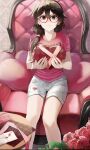  1girl bambietta_basterbine black_hair bleach bleach:_sennen_kessen-hen box brown_eyes casual closed_mouth commentary_request deadman70232800 flower glasses hair_between_eyes heart heart-shaped_box heart-shaped_pillow highres holding holding_box long_hair looking_at_viewer love_letter pillow pink_shirt quincy_(bleach) shirt shorts sitting smile solo valentine white_shorts 