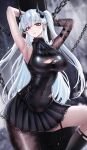  1girl absurdres arknights armpits arms_behind_head asymmetrical_legwear black_horns black_pantyhose black_socks breasts chain chained_sarkaz_girl_(arknights) chinese_commentary cleavage cleavage_cutout clothing_cutout commentary_request earrings highres horns jewelry kneehighs large_breasts leg_up light_particles long_hair looking_at_viewer minuolin pantyhose pointy_ears red_eyes socks solo standing thigh_strap uneven_legwear white_hair 