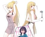  !? 2girls animal_print apron black_hair blonde_hair blush bracelet breasts cho_kaguya-hime! collarbone commentary_request fish_print full-face_blush green_eyes heart highres holding holding_ladle jewelry kaguya_(cho_kaguya-hime!) korean_commentary ladle long_hair medium_hair mole mole_under_eye mouth_hold multiple_girls multiple_views naked_apron ponytail red_eyes sakayori_iroha shirt sideboob simple_background small_breasts small_sweatdrop solo_focus translated tying_hair very_long_hair white_background xp0p0p0x yuri 