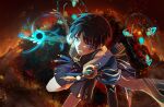  1boy absurdres anemo_symbol_(genshin_impact) animal_print armor arms_at_sides bird_print black_bodysuit black_bridal_gauntlets black_hair black_shorts blood blood_from_forehead blue_cape blue_gem blue_halo blue_sleeves blunt_ends body_markings bodysuit bridal_gauntlets burning cape choppy_bangs cinders commentary_request covered_collarbone curled_fingers double_halo feathers fingernails furisode gem genshin_impact glowing_markings gold grin hakama hakama_shorts halo halo_behind_head hdmikamo highres imminent_attack irminsul japanese_armor japanese_clothes kimono kote kurokote layered_sleeves looking_at_viewer male_focus parted_bangs pleated_shorts pom_pom_(clothes) purple_eyes purple_rope red_background red_pupils red_sky rope scaramouche_(genshin_impact) short_sleeves shorts shoulder_peek side_cape sky smile solo tassel tree tsurime vision_(genshin_impact) vortex wanderer_(genshin_impact) white_sleeves white_trim wind yellow_feathers 
