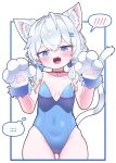  1girl absurdres animal_ear_fluff animal_ears animal_hands ass_visible_through_thighs bell black_choker blue_bow blue_eyes blue_leotard blush bow breasts cat_ears cat_girl cat_tail character_request choker commentary_request copyright_request covered_navel cowboy_shot fang gloves hair_bow hair_ornament hairclip hands_up hh highres inset_border jingle_bell korean_commentary leotard low_twintails neck_bell open_mouth parallel_hairclips paw_gloves small_breasts solo speech_bubble spoken_blush strapless strapless_leotard tail thought_bubble twintails virtual_youtuber white_background white_hair 