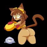 anthro arm_cannon big_breasts big_butt black_background bottomless breasts brown_body brown_fur brown_hair brown_nose butt clothed clothing domestic_cat eyelashes eyewear eyewear_on_head felid feline felis female fur gameoverse glitch_productions goggles goggles_on_head hair hi_res kit_(gameoverse) looking_back mammal miobadders open_mouth pink_eyes rear_view simple_background solo swimwear thick_thighs whiskers wide_hips yellow_clothing yellow_swimwear