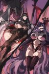  2girls armored_boots azur_lane black_boots black_hair black_one-piece_swimsuit black_thighhighs boots breasts clothing_cutout commentary_request gag goetz_von_berlichingen_(azur_lane) green_eyes highres horns huge_breasts long_hair looking_at_viewer multiple_girls navel one-piece_swimsuit parted_lips purple_eyes purple_hair red_horns rigging shika_(shika0) ship_turret skindentation stomach stomach_cutout swimsuit thighhighs u-2501_(azur_lane) very_long_hair 