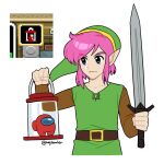  1boy among_us belt blue_eyes brown_belt closed_mouth copyright_request cropped_torso frown green_hat green_tunic hat highres holding holding_lantern holding_sword holding_weapon lantern link long_sleeves maji_(majibomber) pink_hair pointy_ears red_(among_us) screenshot_inset solo sword the_legend_of_zelda the_legend_of_zelda:_a_link_to_the_past tunic twitter_username weapon 