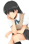  amagami ayatsuji_tsukasa black_eyes black_hair black_legwear blush face kibito_high_school_uniform kishida-shiki kneehighs long_hair school_uniform short_sleeves simple_background skirt smile solo sweater_vest 