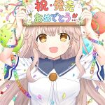  1girl :d anemoi arms_up balloon blue_ribbon brown_eyes brown_hair commentary_request confetti dress flower fusaba_aino green_ribbon hair_between_eyes happy highres holding holding_sign kumaron long_hair looking_at_viewer open_mouth pink_flower pink_ribbon rainbow_order release_celebration ribbon school_uniform short_sleeves sidelocks sign simple_background smile solo star_(symbol) translation_request upper_body very_long_hair white_background white_dress white_flower 