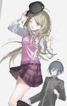  1boy 1girl ahoge akamatsu_kaede backpack bag baseball_cap black_hair black_hat black_jacket blonde_hair buttons danganronpa_(series) danganronpa_v3:_killing_harmony green_eyes hair_ornament hat highres holding holding_unworn_clothes holding_unworn_hat jacket long_hair long_sleeves looking_at_viewer musical_note musical_note_hair_ornament necktie one_eye_closed pink_necktie pink_skirt pink_vest pleated_skirt pocket poia purple_eyes saihara_shuichi shirt short_hair simple_background skirt smile sweatdrop twitter_username unworn_hat unworn_headwear vest white_background white_bag white_shirt 