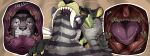  anthro anthro_on_anthro big_fangs black_nose blush cutaway duo fangs felid fur green_body green_fur grey_body grey_fur head_in_mouth hi_res imperatorcaesar male male/male male_anthro mammal narrowed_eyes orange_eyes pupils simple_background slit_pupils striped_arms striped_neck teeth whiskers white_eyes 