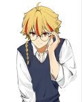  1boy adjusting_eyewear alternate_costume bespectacled black_sweater_vest blonde_hair braid closed_mouth collared_shirt commentary fate/strange_fake fate_(series) glasses hair_between_eyes hair_over_shoulder highres long_sleeves male_focus multicolored_hair murasaki500 open_collar red_eyes red_hair richard_i_(fate) round_eyewear shirt simple_background smile solo streaked_hair sweater_vest untranslatable_commentary upper_body watermark white_background wing_collar 