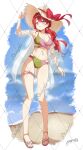  :3 absurdres bikini blue_sky breasts cloud collarbone commentary_request commission copyright_request earrings full_body hat highres jewelry legband light_blush long_hair looking_at_viewer nema_029 pink_nails pixiv_commission red_eyes red_hair sandals sky straw_hat swimsuit 