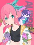  2girls aqua_dress aqua_eyes aqua_hairband aubrey_(faraway)_(omori) aubrey_(headspace)_(omori) aubrey_(omori) baseball_bat bow character_name chibi dress flower hairband highres holding holding_baseball_bat jacket mr._plantegg_(omori) multiple_girls nail_(hardware) nail_bat noriz98925 omori pink_background pink_bow sailor_collar white_jacket yellow_sailor_collar 