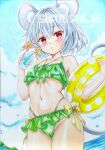  1girl absurdres alternate_costume animal_ears bikini blue_sky blush bow bow_bikini breasts cloud commentary_request cup day drink drinking_glass drinking_straw flower flower_request food frilled_bikini frills fruit green_bikini grey_hair groin highres holding holding_cup lemon lemon_slice looking_at_viewer minorinoo_ekaki_tadaima_fuoroba_100 mouse_ears mouse_girl mouse_tail navel nazrin ocean outdoors pink_flower red_eyes sample_watermark sky small_breasts solo stomach swim_ring swimsuit tail thighs touhou traditional_media watermark 