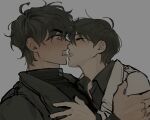  2boys belt_collar biting biting_another's_lip black_coat black_hair black_shirt clenched_teeth coat collar collared_shirt commentary from_side hand_on_another's_chest hand_on_another's_shoulder kim_dokja male_focus multiple_boys omniscient_reader's_viewpoint shirt short_hair surprised sweatdrop taotaille teeth white_coat wide-eyed yaoi yoo_joonghyuk 