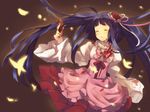  blood blue_hair bow bug butterfly choker closed_eyes dawn_of_the_golden_witch dress flower frills furudo_erika gun hair_flower hair_ornament insect long_hair solo too_many too_many_frills twintails umineko_no_naku_koro_ni weapon weee_(raemz) 