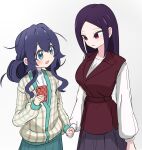  2girls :d absurdres blue_eyes blue_hair casual cellphone commentary_request empty_eyes eye_contact gradient_background grey_background highres holding holding_hands holding_phone kimi_no_koto_ga_dai_dai_dai_dai_daisuki_na_100-nin_no_kanojo light_blush long_hair long_sleeves looking_at_another mekayutu morikita_kimari multiple_girls open_mouth phone puffy_long_sleeves puffy_sleeves purple_hair red_eyes sidelocks simple_background smartphone smile white_background yoshimoto_shizuka 