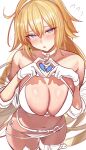  0nineo9 1girl absurdres arms_up bikini blong blue_eyes blush breasts choker choppy_bangs cleavage commentary cowboy_shot fate/grand_order fate_(series) from_above garter_belt gloves heart heart_hands highres jeanne_d'arc_(fate) large_breasts light_blush lingerie long_hair looking_at_viewer o-ring parted_lips simple_background solo strap swimsuit thigh_gap thigh_strap underwear untranslatable_commentary upper_body very_long_hair white_background white_bikini white_choker white_gloves 
