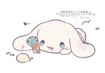  blue_eyes cinnamoroll commentary dog food fuwa_fuwa_cinnamoroll ice_cream lying mkt_(buizu-miki) no_humans open_mouth sanrio simple_background smile twitter_username untranslatable_commentary white_background 