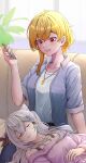  blonde_hair blue_jacket blush cellphone commentary cone_hair_bun couch denim english_commentary grey_hair hair_bun hair_ornament highres hololive hololive_indonesia ichiyaichimaru jacket jeans jewelry kaela_kovalskia necklace off-shoulder_sweater off_shoulder pants phone plant red_eyes shirt short_hair sitting sleeping sleeping_on_person smartphone smile sweater vestia_zeta virtual_youtuber white_shirt 