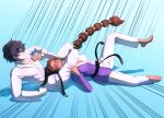  1girl barefoot belt black_belt black_hair brown_hair character_name choke_hold closed_eyes commission earrings english_commentary fighting freyna_nilay_(aknight931) full_body head_between_thighs highres holding_another's_wrist jewelry judo knee_up long_hair lying magissa-manen martial_arts martial_arts_belt mixed-language_commentary mixed-sex_combat multi-tied_hair multicolored_hair on_back on_ground original ponytail purple_dougi purple_eyes purple_streaks reclining short_hair spanish_commentary strangling streaked_hair struggling sweat toes triangle_choke very_long_hair watermark white_dougi yoshiro_(yoshirojudo) 