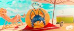 3d_(artwork) adriandustred animal_crossing ankha_(animal_crossing) anthro arthropod beach big_butt biped blonde_hair blue_hair butt crab crustacean decapod detailed_background digital_media_(artwork) domestic_cat eeveelution eyebrows felid feline felis female front_view generation_6_pokemon hair hi_res huge_butt human lying malacostracan mammal markings nintendo nude on_front on_towel outside pokemon pokemon_(species) pupils striped_markings striped_tail stripes sylveon tail tail_markings towel umbrella water