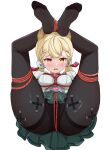  1girl alice_thymefield animal_ears ass bdsm black_pantyhose blonde_hair blush bondage bound bound_ankles bound_legs braid breast_bondage breasts chinese_commentary commentary_request green_skirt hair_ornament heterochromia highres legs_up looking_at_viewer lying on_back open_mouth pantyhose rabbit_ears rabbit_girl red_eyes red_rope rope shibari shibari_over_clothes shirt simple_background skirt solo sphere_hair_ornament spread_legs thighs twintails white_background white_shirt xinyu_ypd3167 yellow_eyes zenless_zone_zero 