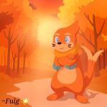  2025 2_tails 3_fingers 3_toes anthro artist_name biped black_nose blue_eyes buizel cheek_tuft crossed_arms detailed_background facial_tuft feet fingers fulgito_ast fur generation_4_pokemon hi_res long_tail male multi_tail nintendo orange_body orange_fur orange_tail outside pokemon pokemon_(species) solo standing sun sunset tail text toes tuft 