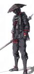  1boy absurdres black_gloves black_hair boots closed_eyes gloves grey_boots hat highres holding holding_sword holding_weapon multicolored_hair red_streaks scarlet_nexus sheath solo streaked_hair sumeragi_yuito sword vincent_star_bn weapon white_background 