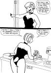 2023 anthro bell bell_collar black_and_white bovid breasts caprine cleavage clothed clothed_anthro clothed_female clothing coffee_pot collar comic dialogue english_text female fingers fur hi_res hooved_fingers hooves horn lana_lynne mammal monochrome open_mouth sheep solo tail tegerio text wool_(fur)