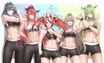 5girls :d abs absurdres animal_ear_fluff animal_ears antlers aqua_eyes arm_up biceps bike_shorts black_hair black_horns black_pants black_shorts black_sports_bra blue_eyes blue_hair breasts brown_hair ceres_fauna character_name cleavage clenched_hand closed_mouth clothes_writing collarbone colored_inner_hair commentary cowboy_shot cross-body_stretch eyelashes fingernails hair_intakes hair_over_one_eye hair_ribbon hakos_baelz hand_on_own_hip height_difference heterochromia highres hololive hololive_english holopromise horns irys_(hololive) leaf long_hair medium_hair more_muscular_than_canon mouse_ears mouse_girl multicolored_hair multiple_girls muscular muscular_female nanashi_mumei navel open_mouth ouro_kronii pants pink_eyes pink_hair pointy_ears ponytail popcornflakes red_hair ribbon shorts sidelocks smile sports_bra stomach streaked_hair stretching sweat teeth towel towel_around_neck twintails two-tone_hair upper_teeth_only very_long_hair virtual_youtuber white_hair white_ribbon white_sports_bra yellow_eyes 