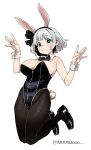  1girl alternate_costume animal_ear_hairband animal_ears artist_name black_bow black_bowtie black_hairband black_leotard black_shoes blush bow bowtie brown_pantyhose closed_mouth commentary dated detached_collar english_commentary fake_animal_ears full_body green_eyes grey_hair groin hairband highleg highleg_leotard highres konpaku_youmu leotard looking_at_viewer making-of_available myaoooo pantyhose playboy_bunny rabbit_ear_hairband rabbit_ears rabbit_tail shoes short_hair solo strapless strapless_leotard tail touhou watermark white_wrist_cuffs wrist_cuffs 