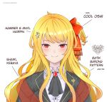  1girl absurdres alternate_costume ascot blonde_hair blush gem hair_ribbon highres hololive hololive_indonesia ichiyaichimaru kaela_kovalskia long_hair looking_at_viewer red_eyes red_gem ribbon shawl shirt simple_background smile solo virtual_youtuber white_background white_shirt 