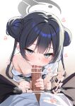  1boy 1girl bar_censor black_hair black_pants blue_archive breasts censored commentary_request double_bun fellatio grey_eyes grey_halo grey_skirt hair_bun halo hetero highres kisaki_(blue_archive) kisaki_(school_uniform)_(blue_archive) long_hair nipples oral pants penis shirt skirt small_breasts very_long_hair white_shirt yatani_row 