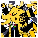  1other arm_up black_coat black_hat black_pants blonde_hair blush_stickers bomal1215 coat collared_shirt colored_skin commentary_request hat korean_commentary lowres open_mouth original pants shirt single_blush_sticker smile suspenders top_hat triangle_mouth white_shirt xyz_axis yellow_skin 