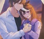  1boy 1girl animal_ears black_shirt blush bow brown_hair closed_eyes collared_shirt commentary curtains droopy_ears dusk hand_on_another's_shoulder hetero highres holding_hands horse_ears horse_girl horseshoe_ornament kissing_head koibamboo long_hair multicolored_hair open_mouth pink_eyes purple_sailor_collar sailor_collar school_uniform shirt short_hair smile streaked_hair symboli_rudolf_(umamusume) tracen_school_uniform trainer_(umamusume) umamusume unbuttoned unbuttoned_shirt white_bow white_shirt white_streaks window 