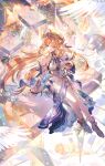 1girl absurdres bare_shoulders blonde_hair blue_eyes breasts commentary_request cup detached_sleeves dress facial_mark forehead_mark full_body genshin_impact hand_up hat highres holding holding_cup long_hair long_sleeves looking_at_viewer medium_breasts nicole_reeyn parted_lips seelie_(genshin_impact) shoes sitting sleeveless sleeveless_dress smile solo star_(symbol) star_facial_mark teacup tsugutoku very_long_hair white_dress white_hat white_sleeves 