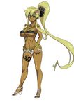  bikini_top blonde_hair breasts covered_nipples dark_skin eyeshadow ganguro highres jewelry large_breasts legs long_hair ma_(pixiv1936865) makeup navel_piercing piercing ponytail short_shorts shorts solo tattoo tengen_toppa_gurren_lagann underboob wide_hips yoko_littner 